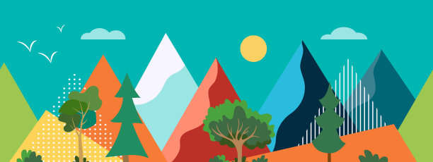 几何山地景观与树木。抽象山脉的无缝边界。时尚的斯堪的纳维亚插画图片下载