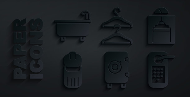 设置安全，电梯，垃圾桶，数字门锁，衣架衣柜和浴缸图标。向量图片下载