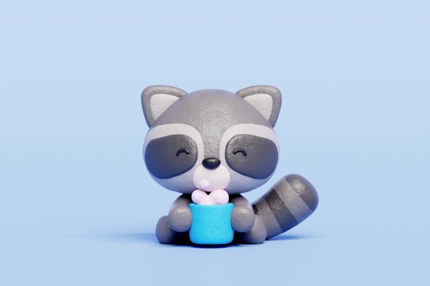 3D可爱的浣熊喝咖啡，卡通动物角色，3D渲染。图片下载
