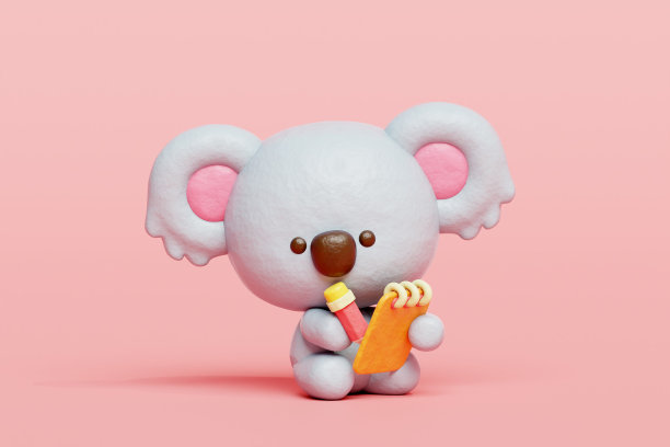 3D萌考拉写日记，卡通动物人物，3D渲染。图片下载