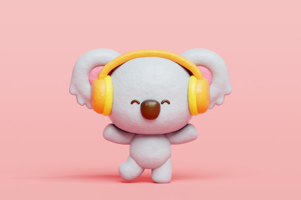 3D可爱的考拉带耳机听音乐，卡通动物角色，3D渲染。图片下载