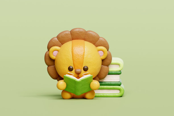 3D萌狮子读书，卡通动物人物，3D渲染。图片下载