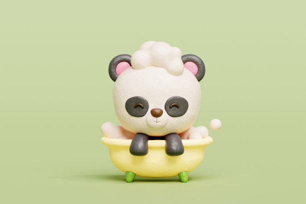 3D可爱的熊猫沐浴淋浴浴缸，卡通动物角色，3D渲染。图片下载