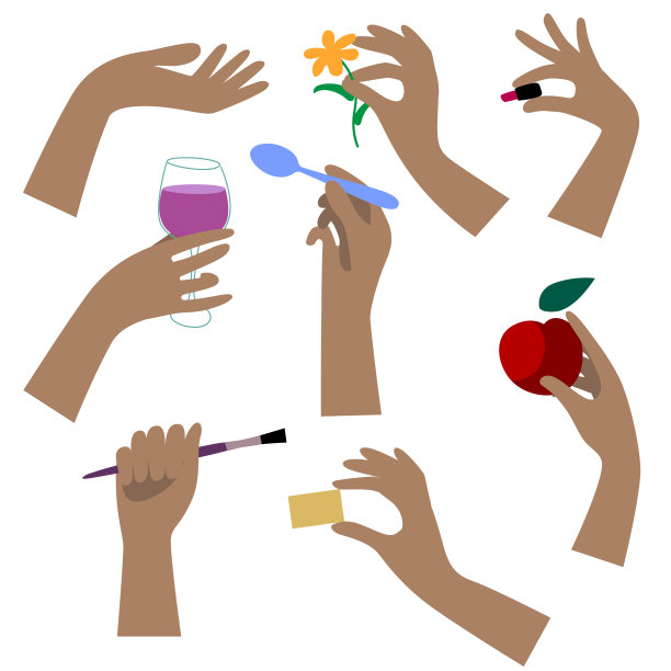 一套轮廓的女性手在平面滑稽的卡通风格与配件孤立的白色图片下载