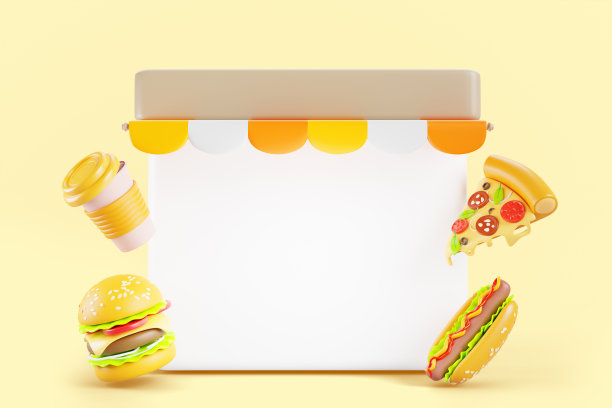 3d街头食品市场摊位，公平展位，报亭与白墙，条纹遮阳篷，咖啡，汉堡，热狗和比萨渲染图标。快餐店与空白黑板餐厅菜单图片下载