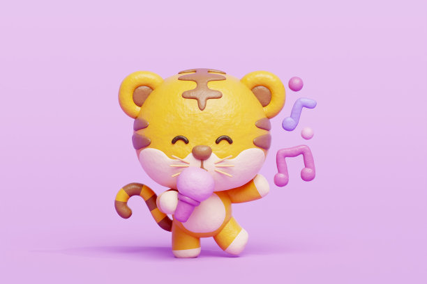 3D萌虎带麦克风跳舞唱歌，卡通动物角色，3D渲染。图片下载