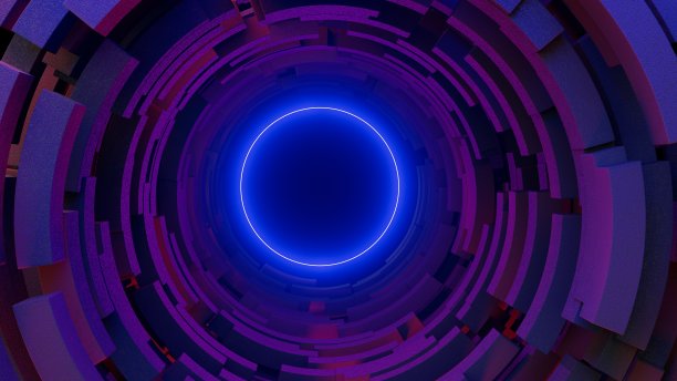 三维插图彩色圆形霓虹灯门户在晚上图片下载