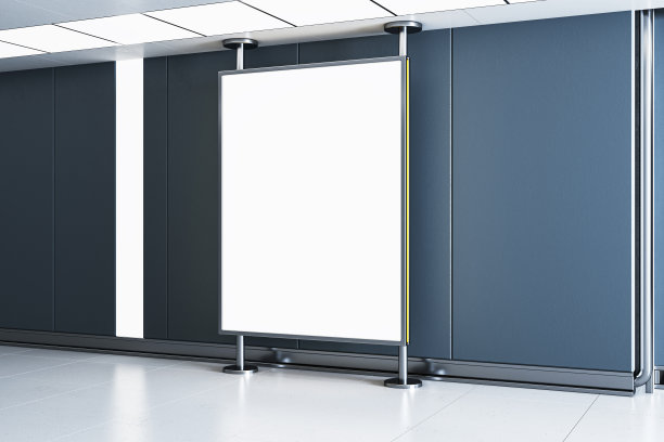 商场的现代走廊，黄色镶边的空白广告牌。三维渲染图片下载