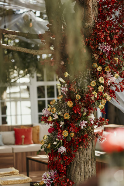 花园里那棵树的树干上装饰着玫瑰花，准备举行婚礼。库存图片图片下载