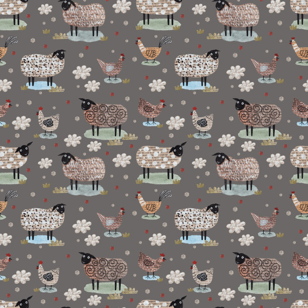 羊和鸡。报纸拼贴。孩子们的打印。无缝模式。图片下载