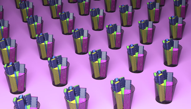 大组网格笔筒排在一个紫色的背景3d渲染图像，高角度视图图片下载