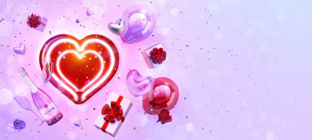 情人节快乐的背景:发光的心，喜庆的气球，情人的心，玫瑰的花，浪漫的爱情礼物，香槟，复印空间。3D情人节卡片，横幅设计概念图片下载