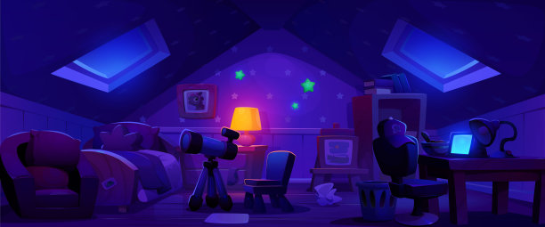 晚上阁楼孩子卧室内部矢量背景图片下载