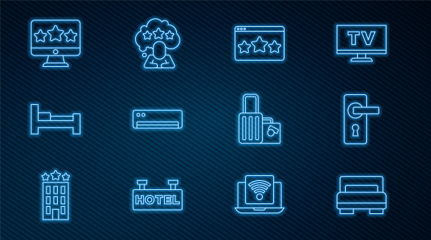 集酒店客房床、门把手、五星点评、空调、行李箱及图标于一体。向量图片下载