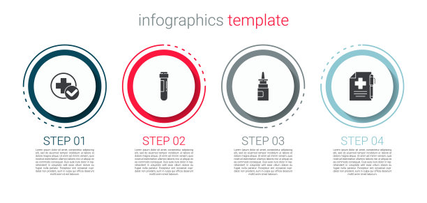 集跨医院医疗用品、带血试管、瓶鼻喷雾剂、药品处方及笔。业务信息图表模板。向量图片下载