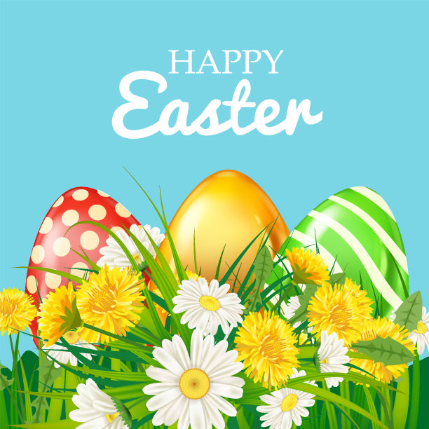 彩色的复活节彩蛋，绿草的雏菊和蒲公英图片下载