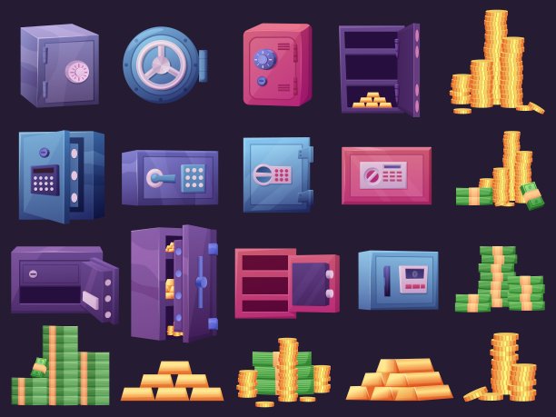 卡通钱和保险箱。成堆的金条和金币，安全的现金放在有锁的金属盒子里。用于家庭或银行系统的保险库，现在是向量集图片下载