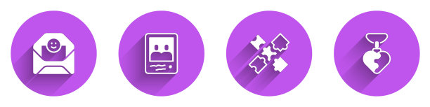 集信封与情人节的心，全家福，拼图片玩具和项链形状的图标与长阴影。向量图片下载