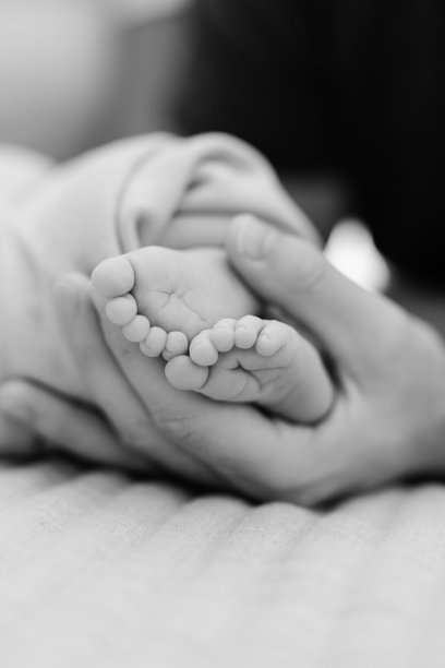 一张黑白照片，一对父母的手牵着他们新生儿的脚。婴儿裹在毯子里。图片下载