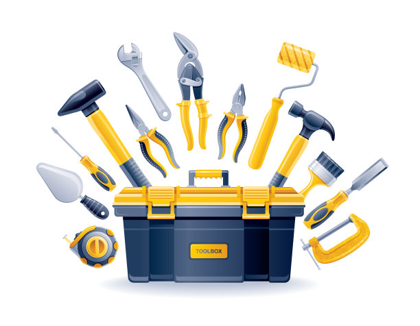 施工工具箱图标集用锤子、螺丝刀、尺子。五金，木工，修理和机械工程工具箱。建筑工人，水管工和杂工设备，铲子，钳子，矢量卡通集图片下载