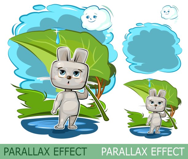 小兔和雨。一组视差效果的幻灯片。孤立在白色背景上。有趣的卡通风格。矢量图片图片下载