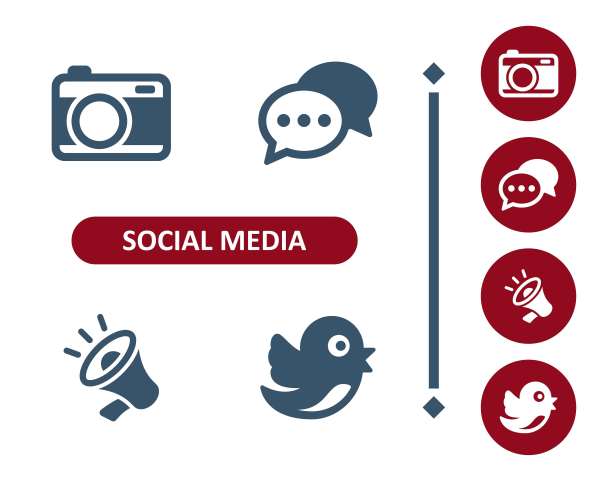 社交媒体图标。相机，照片，聊天气泡，语音气泡，扩音器，鸟的图标图片下载
