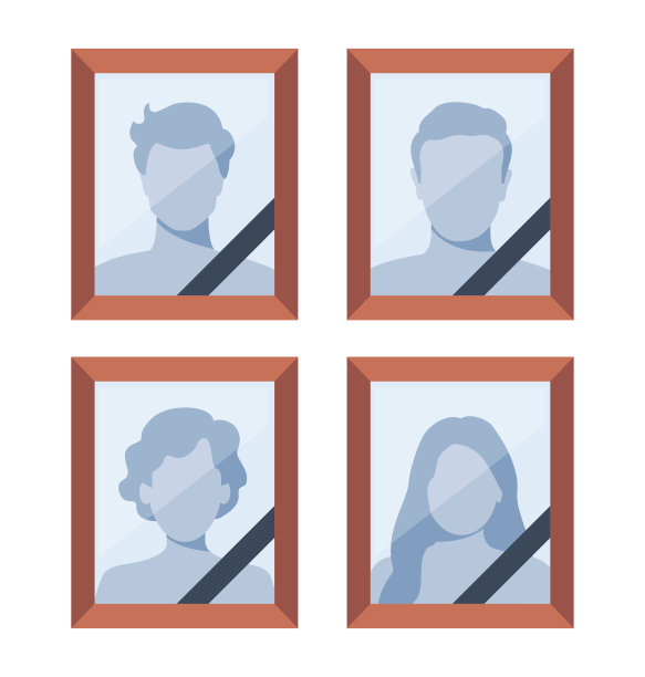 一名死去的男子和一名戴着黑色丧带的女子的照片。死亡肖像集。葬礼仪式。礼仪服务。矢量插图。图片下载