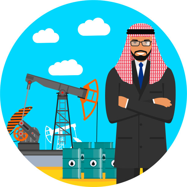 阿拉伯穆斯林商人与油泵和桶燃料。矢量图图片下载
