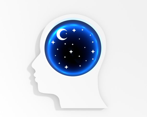 脑袋里满是星星和新月的宇宙。梦见星光灿烂的夜晚。心理健康。三维渲染图片下载