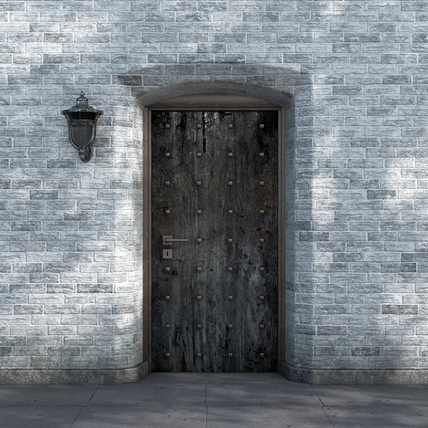 监狱生锈的大门与砖墙背景。3d渲染图片下载