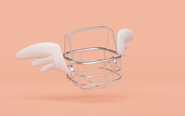 空的不锈钢购物篮与翅膀隔离在橙色背景。网上购物，快递概念，3d插画渲染图片下载