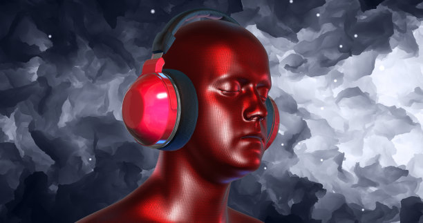 数字青年机器人在虚拟现实中听电子音乐图片下载