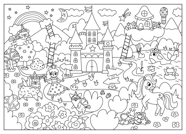 矢量黑白独角兽主题景观插图。童话线景与城堡，彩虹。神奇的自然背景有仙女、动物。幻想世界儿童涂色页图片下载