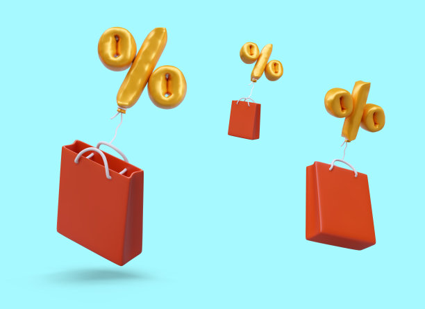 红色购物袋系在金色百分比形状的气球上图片下载