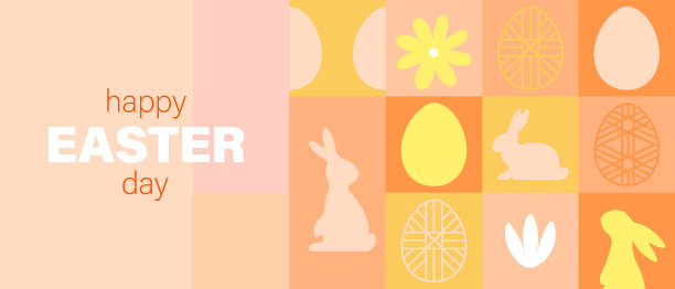 蛋，兔子和花在彩色块的背景图片下载