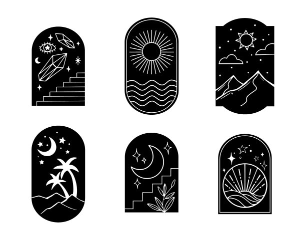 向量集线性波西米亚图标和符号-景观，太阳，月亮，山和晶体标志设计模板。图片下载