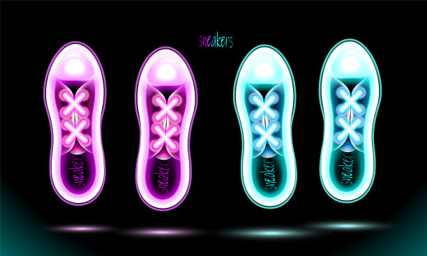 运动鞋设置霓虹蓝色和粉红色的鞋子图标，发光的灯，孤立的标志设计在黑色的背景。荧光，发光照明，插图Ui辉光Eps 10图片下载