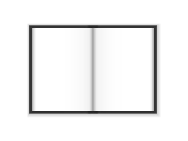 打开的笔记本模型。空白的白色页面打开书籍或杂志黑色封面模型模板。孤立的白色背景与阴影。准备为您的业务使用。矢量插图。图片下载