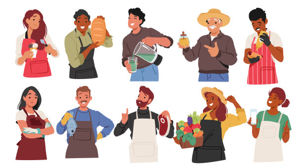 农民与自然农业生产。男女角色搭配冰淇淋，面包，新鲜果汁和蜂蜜图片下载