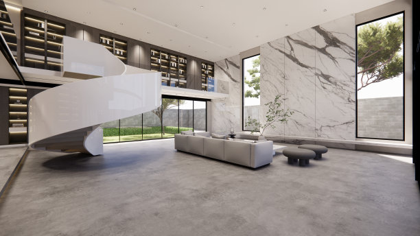 豪华的现代化的室内复式房子，描绘在令人惊叹的3D渲染。生活区采用现代风格的室内设计图片下载