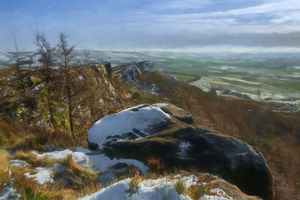 蟑螂。英国峰区国家公园冬季风景的数码油画。图片下载