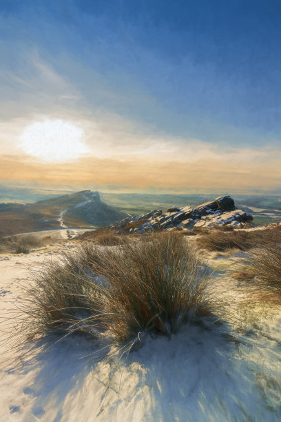 蟑螂。英国峰区国家公园冬季风景的数码油画。图片下载