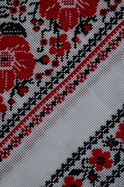 白色帆布上的黑红色乌克兰刺绣，装饰婚礼毛巾的碎片，白色帆布上绣的花朵图片下载