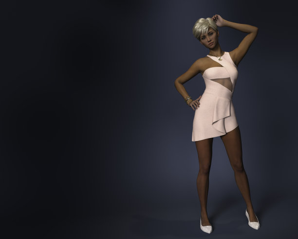 身着白色连衣裙的女士摆姿势。3 d渲染。图片下载