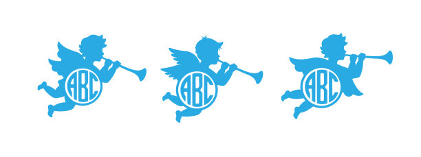 名字字母组合的小天使。孩子字母组合。有翅膀的天使。传令天使吹喇叭。小天使对着管子吹气。矢量插图。图片下载