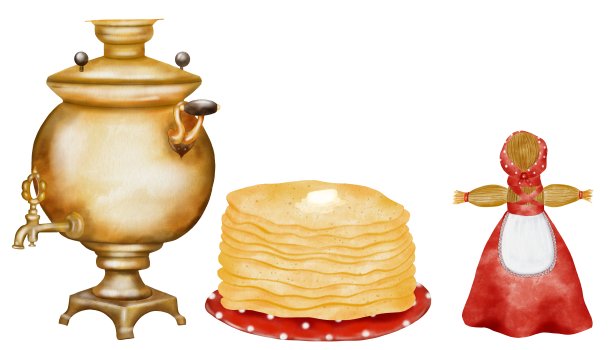 宽忏悔设置在孤立的白色背景与茶炊，煎饼，稻草肖像。可爱的传统民族传统图片，有百吉饼和茶壶。插图快乐Maslenitsa横幅，卡片和海报设计。图片下载