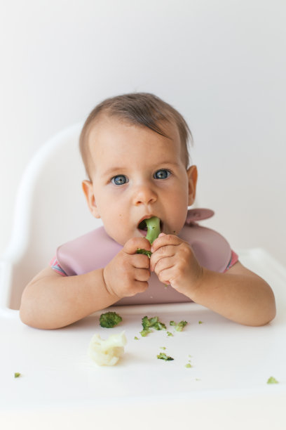8个月大的女婴坐在高脚椅上吃辅食绿花椰菜，特写肖像看着相机，垂直拍照图片下载