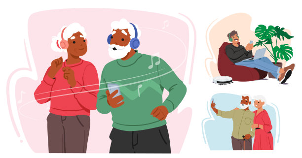 老年角色自信地导航智能技术，使用智能手机，可穿戴设备和语音助手，矢量图片下载