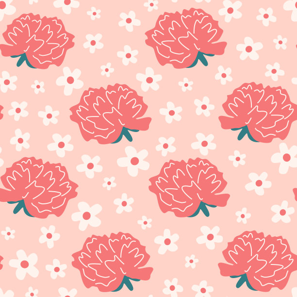 可爱的手绘红色和粉色无缝矢量图案背景插图与雏菊花和玫瑰图片下载