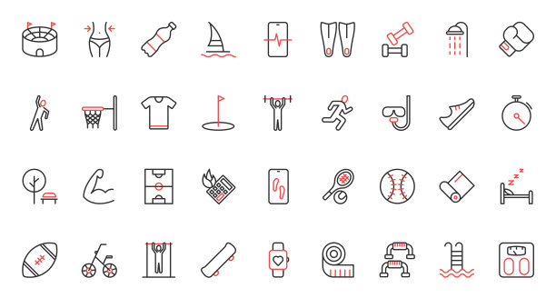 运动锻炼时髦的红黑色细线图标集，卡路里和健身运动的计算器图片下载